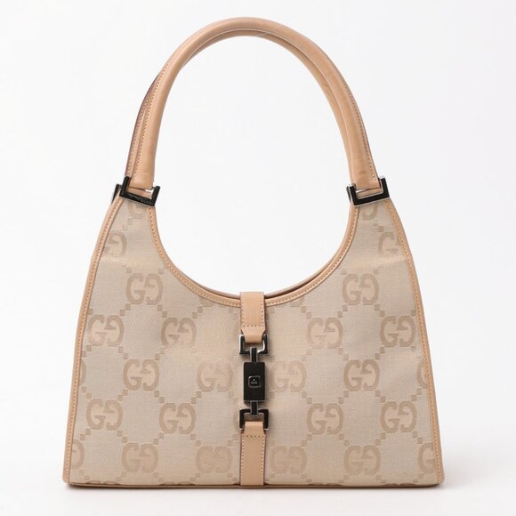 Gucci Handbags - Gucci Vintage Large Logo Monogram Jackie Shoulder Hobo Bag in Beige Cream